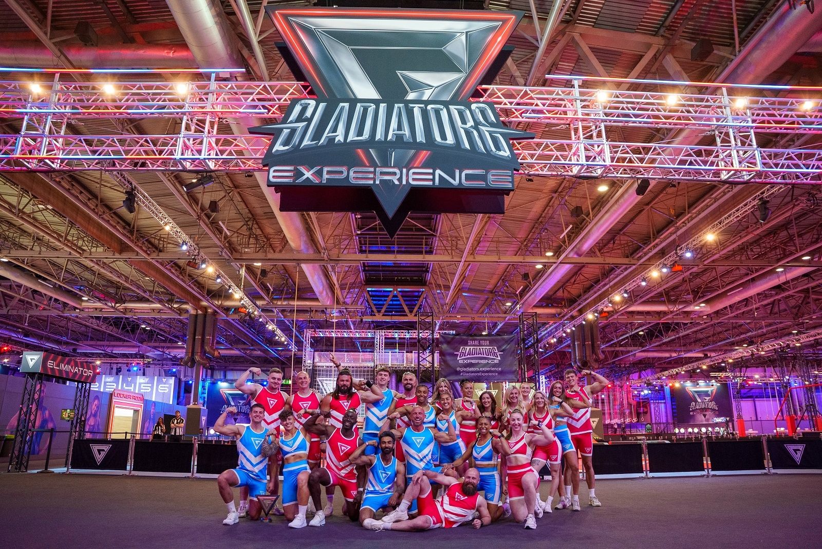 Gladiators Experience contenders wearing custom red and blue sports kits supplied by TE Sportswear